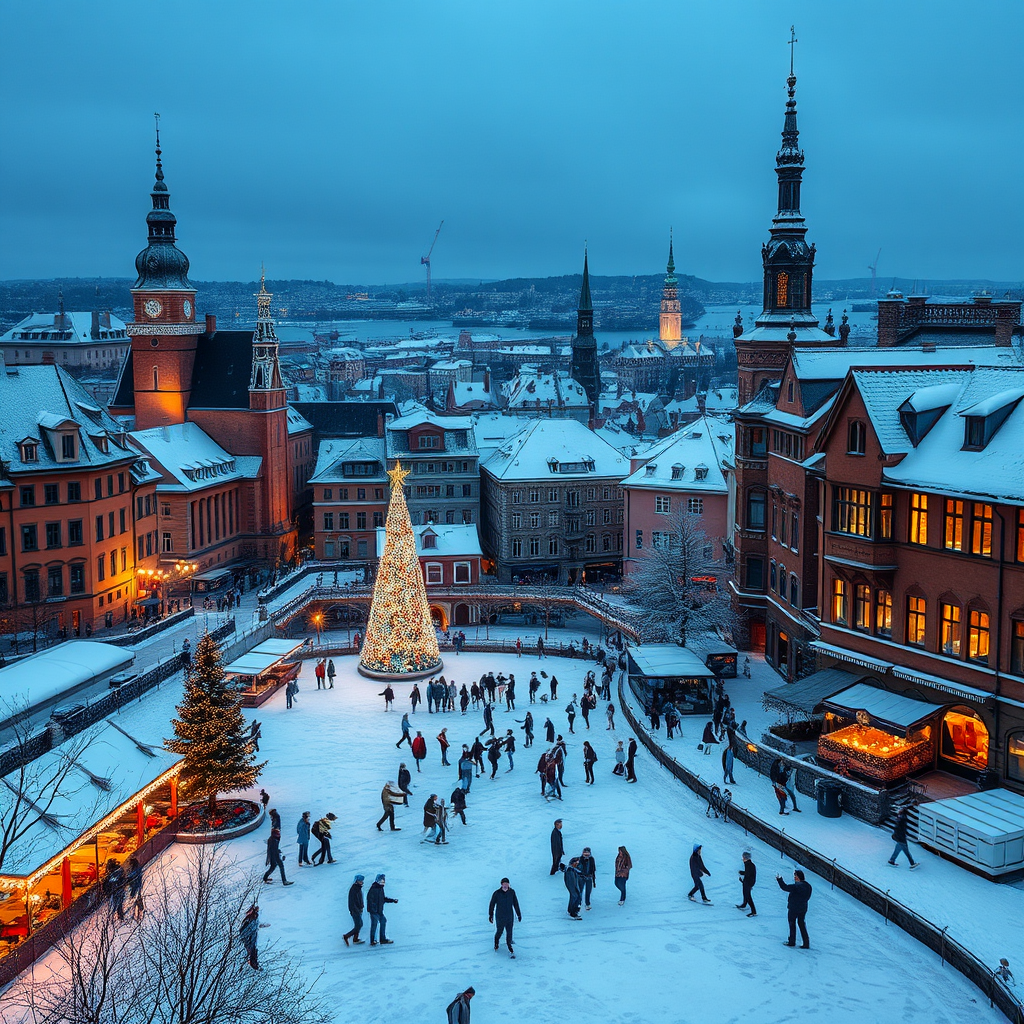 Snow-covered Stockholm cityscape with Christmas lights illuminating Gamla Stan's medieval buildings, ice skaters gliding on frozen rinks, and cozy café windows glowing warmly in the winter twilight