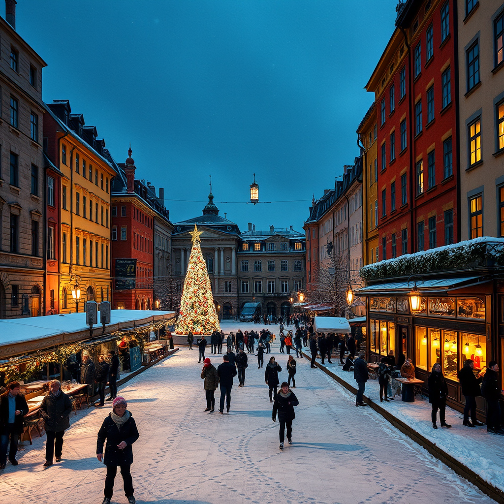 Snowy Stockholm winter scene with Christmas lights illuminating Gamla Stan's medieval streets, people ice skating at Kungsträdgården, and cozy café windows glowing warmly against the dark Nordic evening