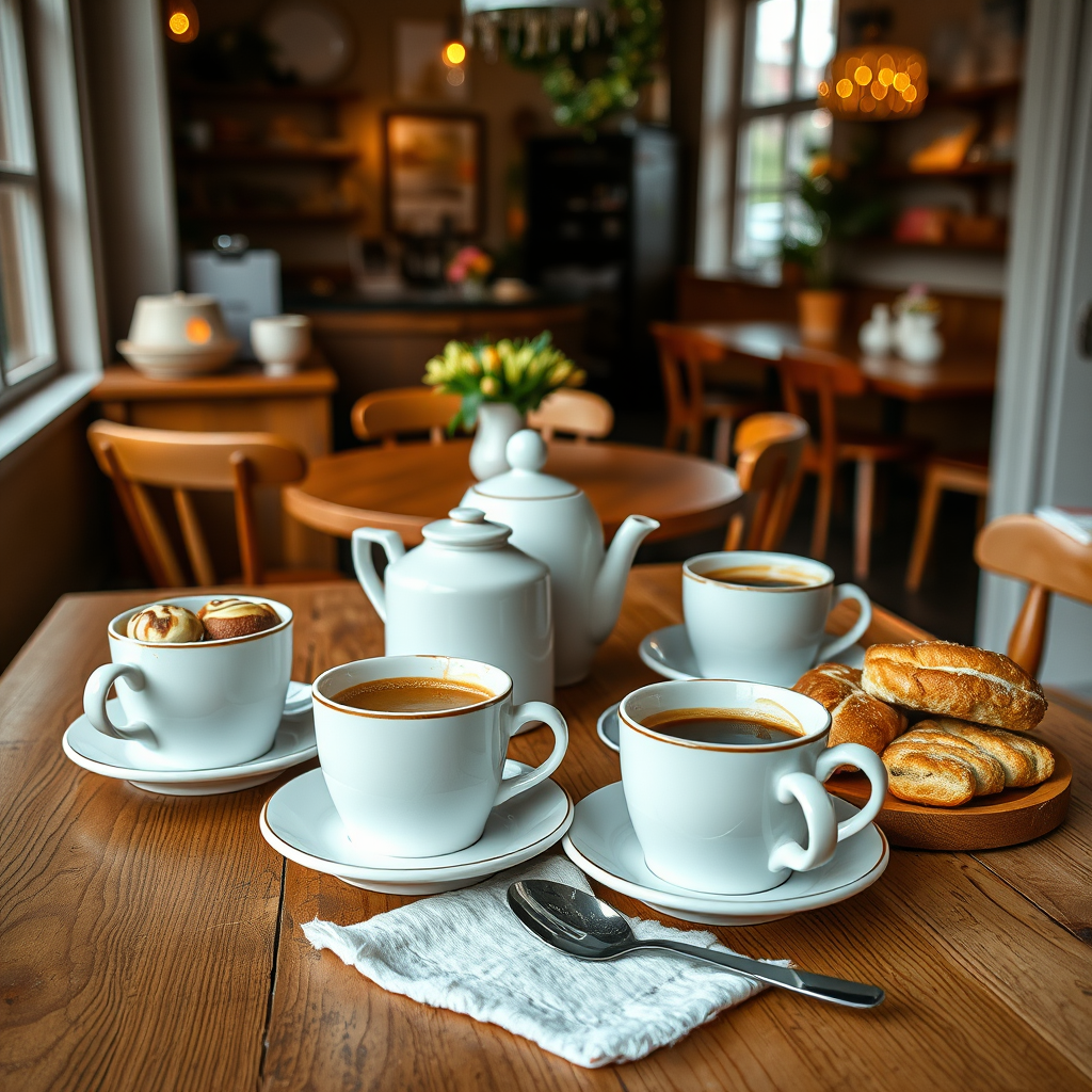 Traditional Swedish fika setup with coffee cups, cinnamon buns, and pastries on a wooden table in a cozy Stockholm café with warm lighting and Nordic design elements