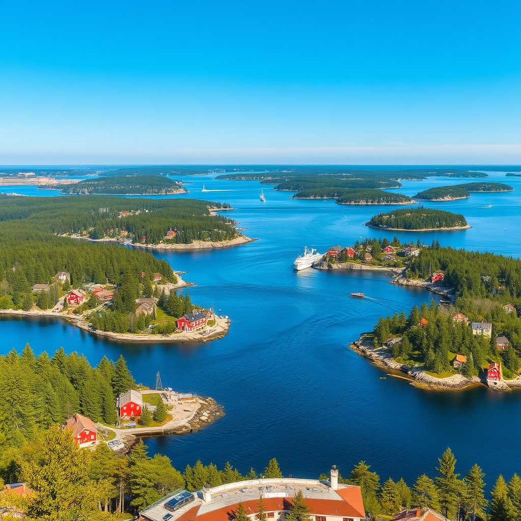 Panoramic view of Stockholm archipelago with multiple islands covered in pine forests, traditional red wooden houses scattered along rocky coastlines, and white ferries navigating between the islands under a bright blue summer sky