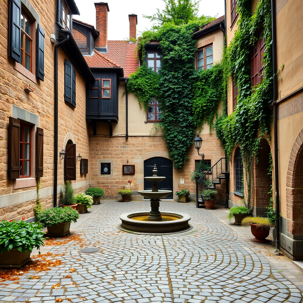 Medieval cobblestone courtyard in Gamla Stan with ancient stone walls, wooden shuttered windows, ivy-covered facades, and a peaceful fountain surrounded by historic Swedish architecture