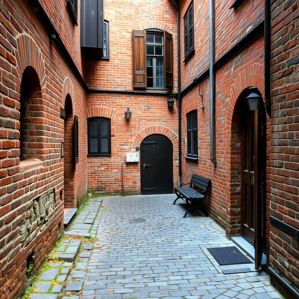Hidden medieval courtyard in Stockholm's Gamla Stan with ancient cobblestone ground, weathered brick walls, wooden shuttered windows, and peaceful atmosphere away from tourist crowds