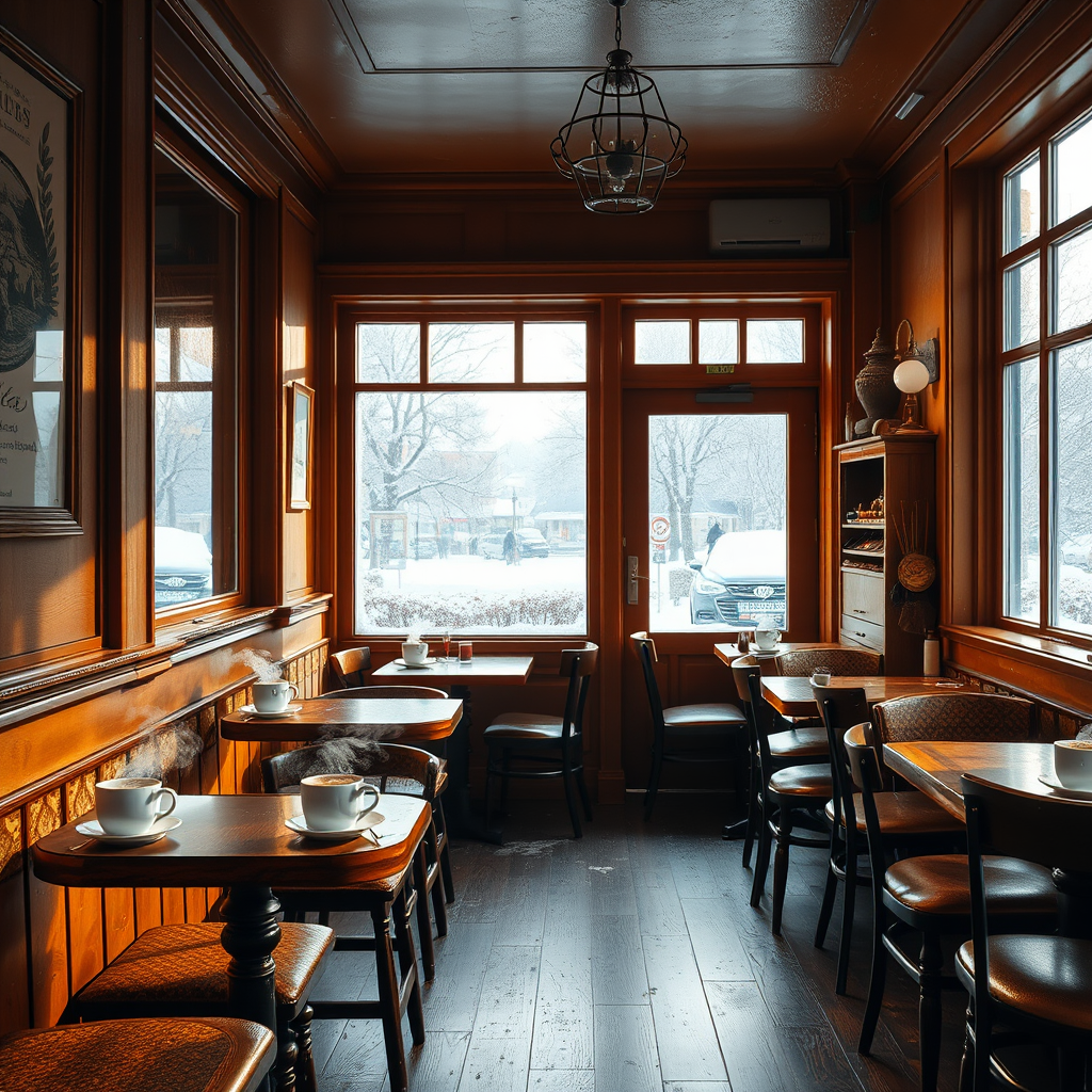 Interior of a traditional Stockholm café with warm wooden furniture, steaming coffee cups, cinnamon buns on display, and frost-covered windows showing snowy street outside