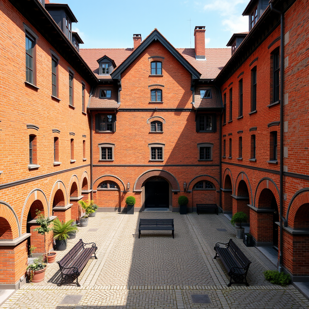 Historic Brända Tomten courtyard showing reconstructed medieval buildings with red brick walls, arched doorways, and a peaceful central area with benches surrounded by old Stockholm architecture