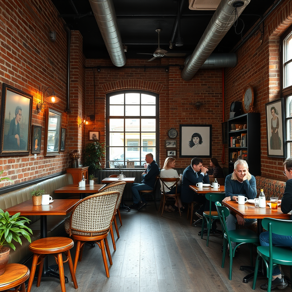 Interior of a cozy Södermalm café with exposed brick walls, vintage furniture, local artwork, and Stockholmers enjoying fika at wooden tables
