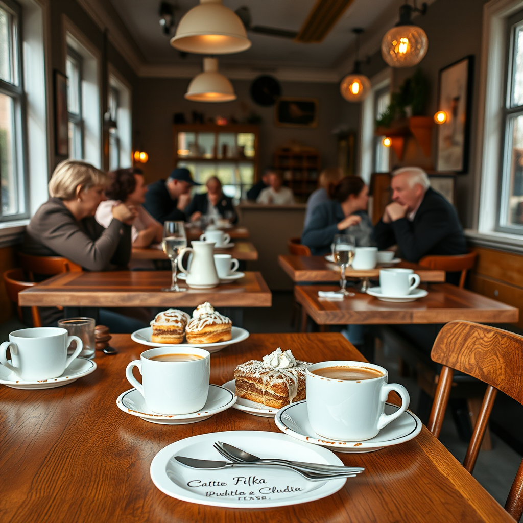 Cozy Swedish café interior with wooden tables, steaming coffee cups, fresh cinnamon buns on vintage plates, locals enjoying fika, warm lighting, and traditional Nordic design elements