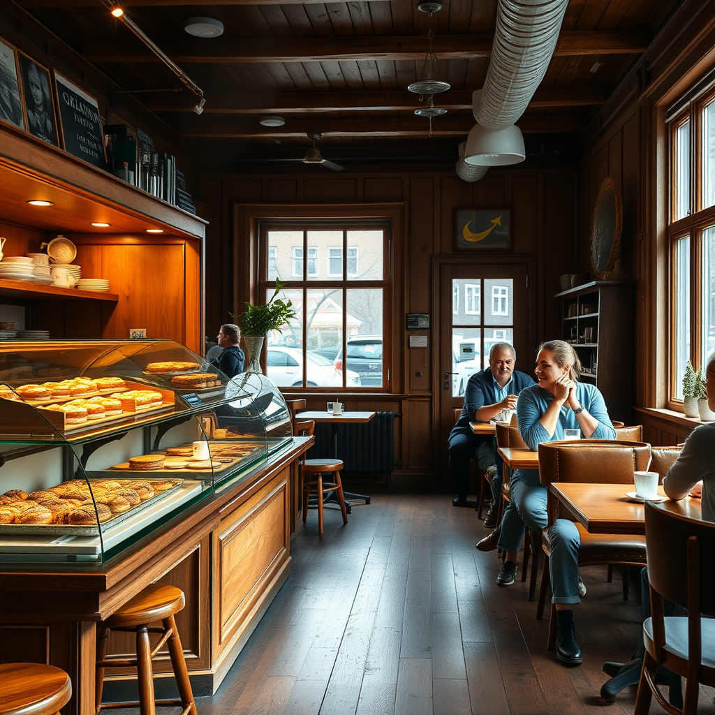 Authentic Swedish fika café interior with traditional wooden furniture, display case filled with cinnamon buns and pastries, steaming coffee cups, and locals enjoying their afternoon coffee break