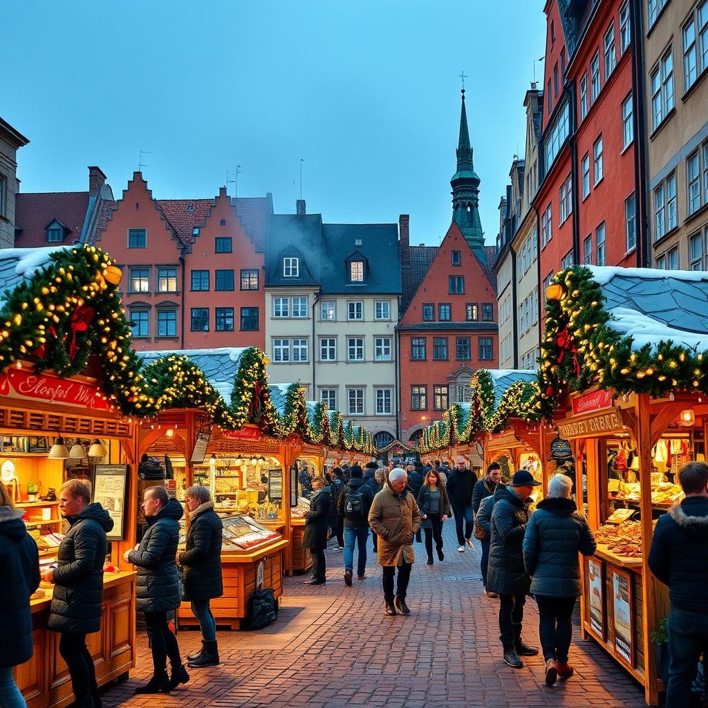 Bustling Christmas market in Gamla Stan's Stortorget square with wooden stalls decorated with lights, people browsing handcrafted goods, steaming glögg stands, and colorful medieval buildings as backdrop