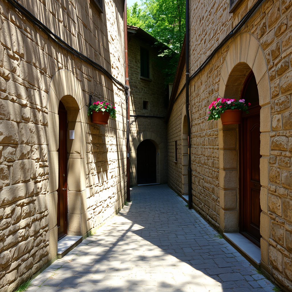 A narrow cobblestone passage in Kindstugatan showing medieval stone walls, small wooden doors, hanging flower boxes, and dappled sunlight creating patterns on the ancient stones