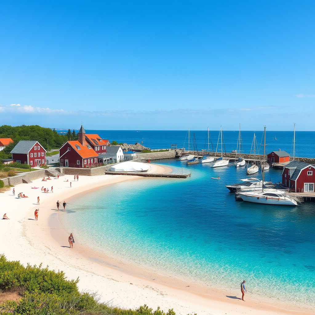 Sandhamn island showing the famous sandy beach with crystal clear water, traditional red and white wooden houses, sailing boats anchored in the harbor, and visitors enjoying beach activities under summer sunshine