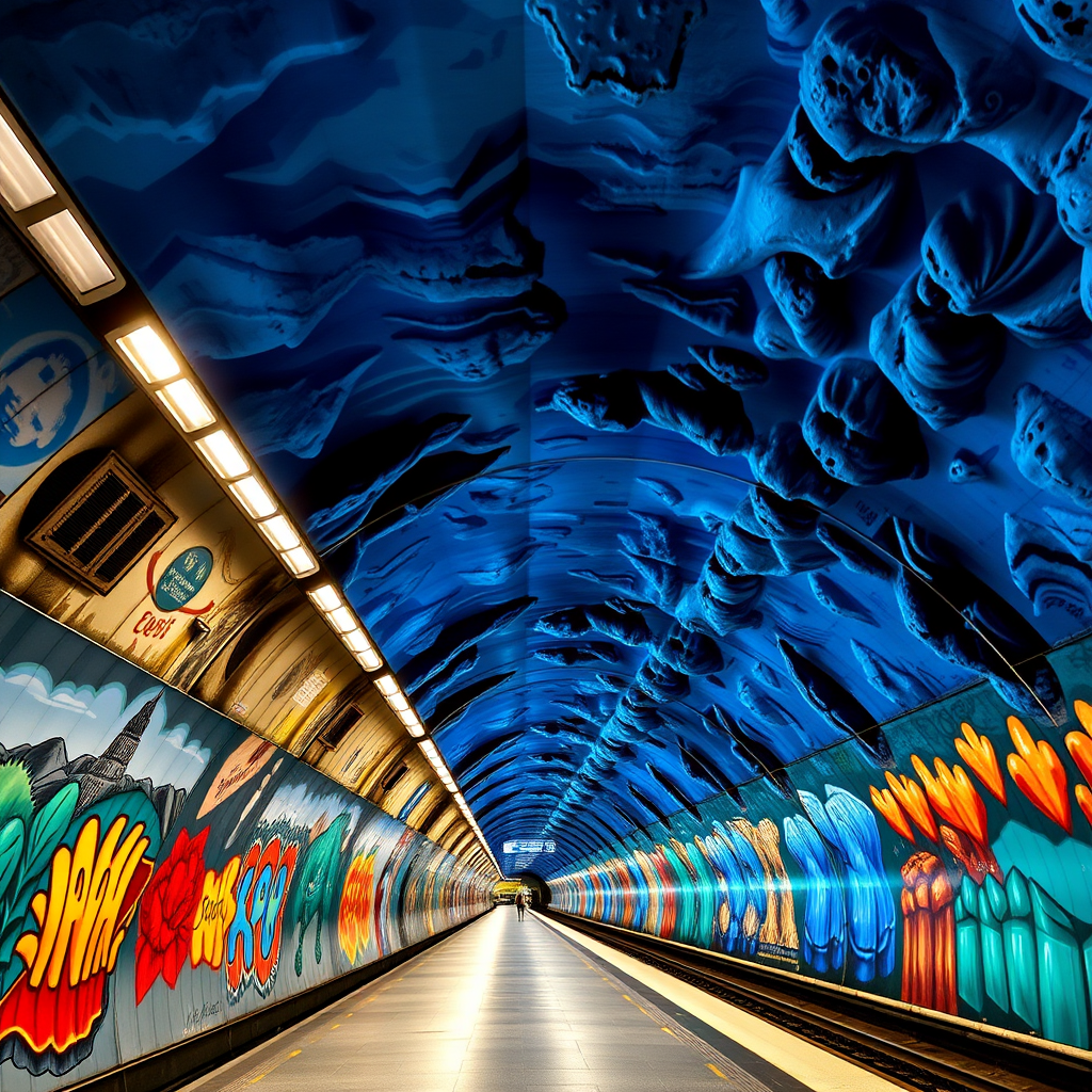 Stockholm metro station with stunning blue cave-like ceiling art, dramatic lighting, and colorful murals covering the underground walls, showcasing the world's longest art gallery beneath the city