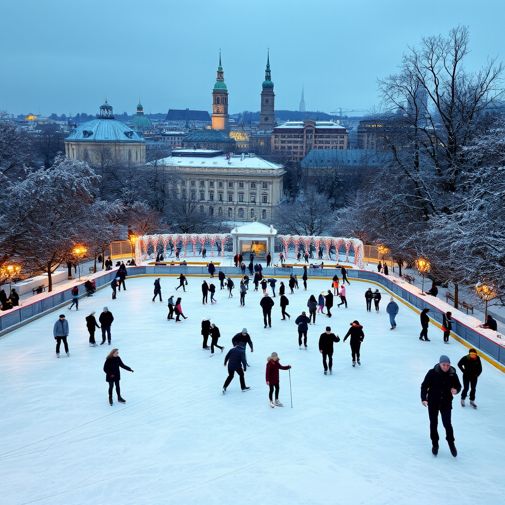 Outdoor ice skating rink at Kungsträdgården with people gliding on ice, snow-covered trees surrounding the rink, warm lights illuminating the scene, and Stockholm's winter architecture in background