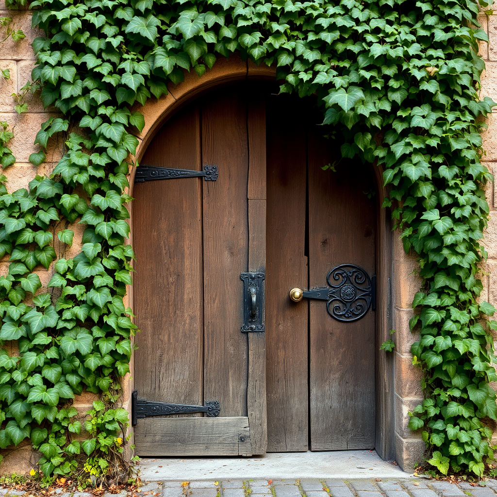 An ancient wooden door partially hidden behind ivy and stone archway in Gamla Stan, with worn brass handles and medieval ironwork, representing the entrance to a secret courtyard