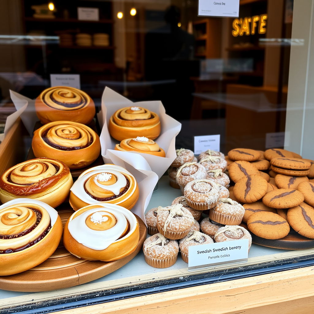 Seasonal Swedish pastries beautifully arranged including cinnamon buns, cardamom buns, and traditional cookies displayed in a local Stockholm bakery window