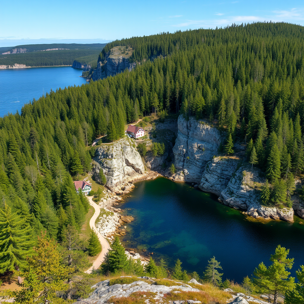 Grinda island showcasing dense pine and birch forests, rocky granite cliffs, secluded coves with clear water, hiking trails winding through the landscape, and traditional Swedish summer houses nestled among trees