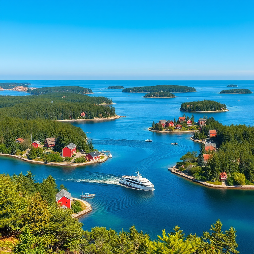 Stockholm archipelago scenic view with multiple forested islands, traditional red wooden houses, white ferry boat sailing between islands, and crystal clear Baltic Sea waters under blue Nordic sky
