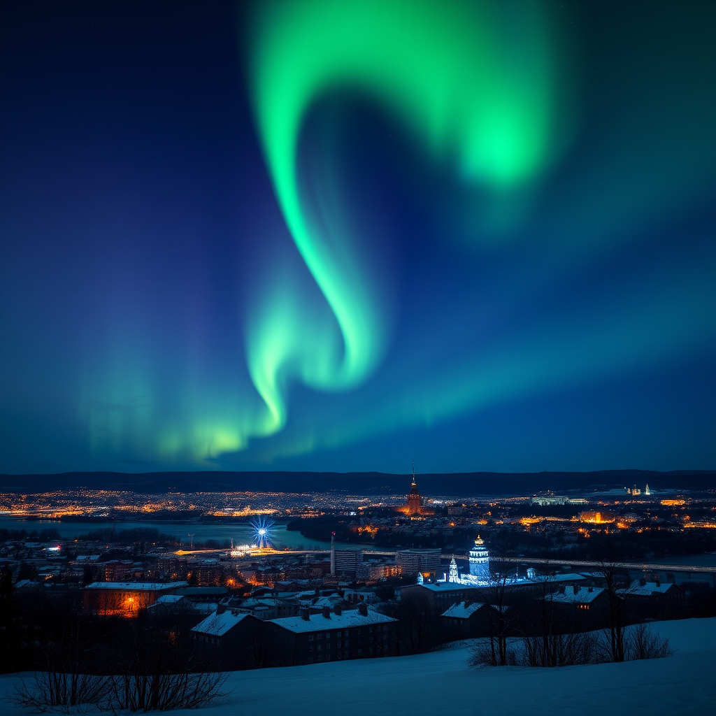 Northern Lights aurora borealis dancing across dark winter sky above Stockholm's silhouette, with green and purple lights reflecting on snow-covered landscape and distant city lights twinkling below