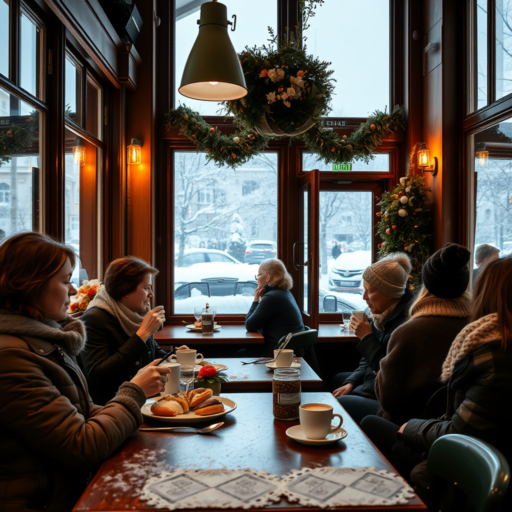 Cozy Stockholm café during winter with locals enjoying hot chocolate and pastries, snow visible through large windows, warm lighting creating intimate atmosphere