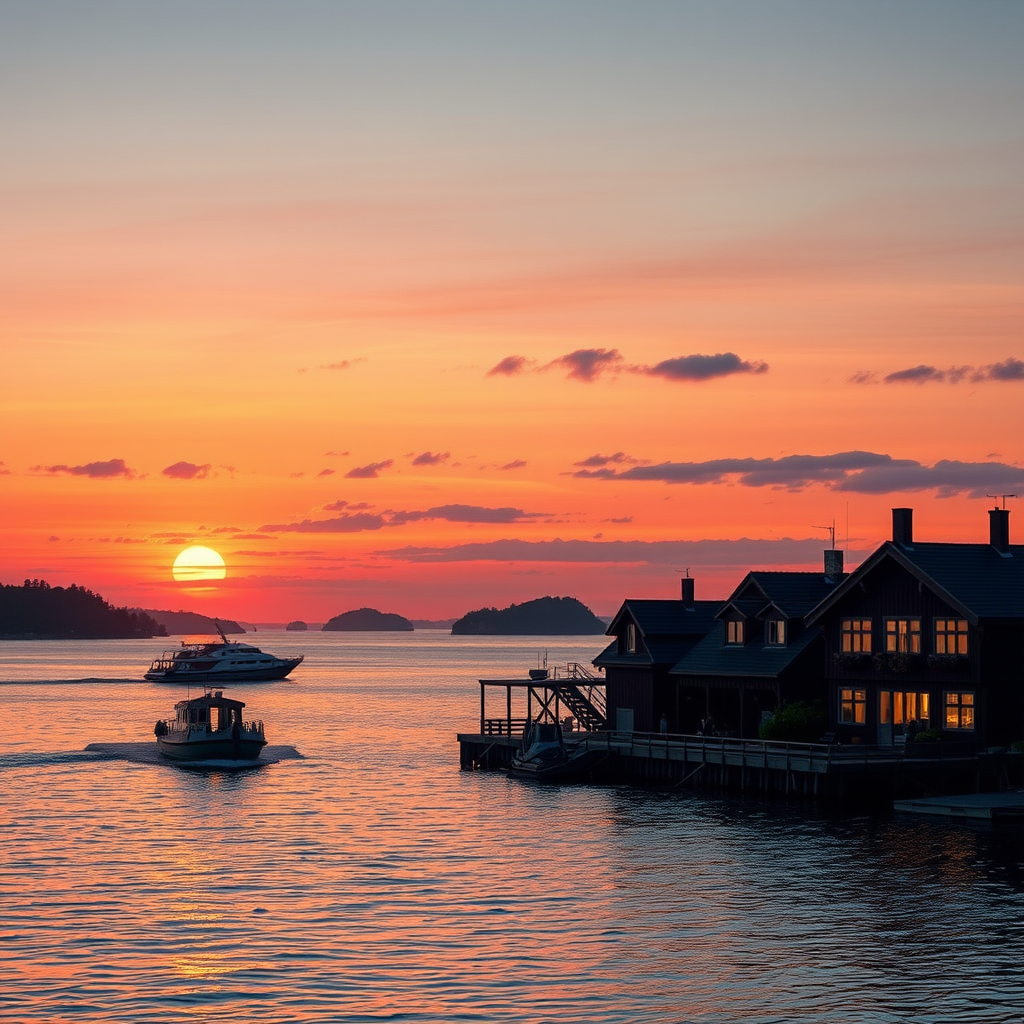 Sunset view over Stockholm archipelago with silhouettes of multiple islands, a ferry crossing calm waters, traditional Swedish summer houses with warm lights glowing in windows, and the sky painted in orange and pink hues reflecting on the water