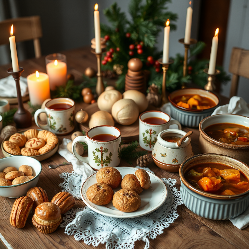 Traditional Swedish winter feast spread on wooden table with glögg in decorative mugs, pepparkakor cookies, lucia buns, hearty stews in ceramic bowls, and candles creating warm ambiance